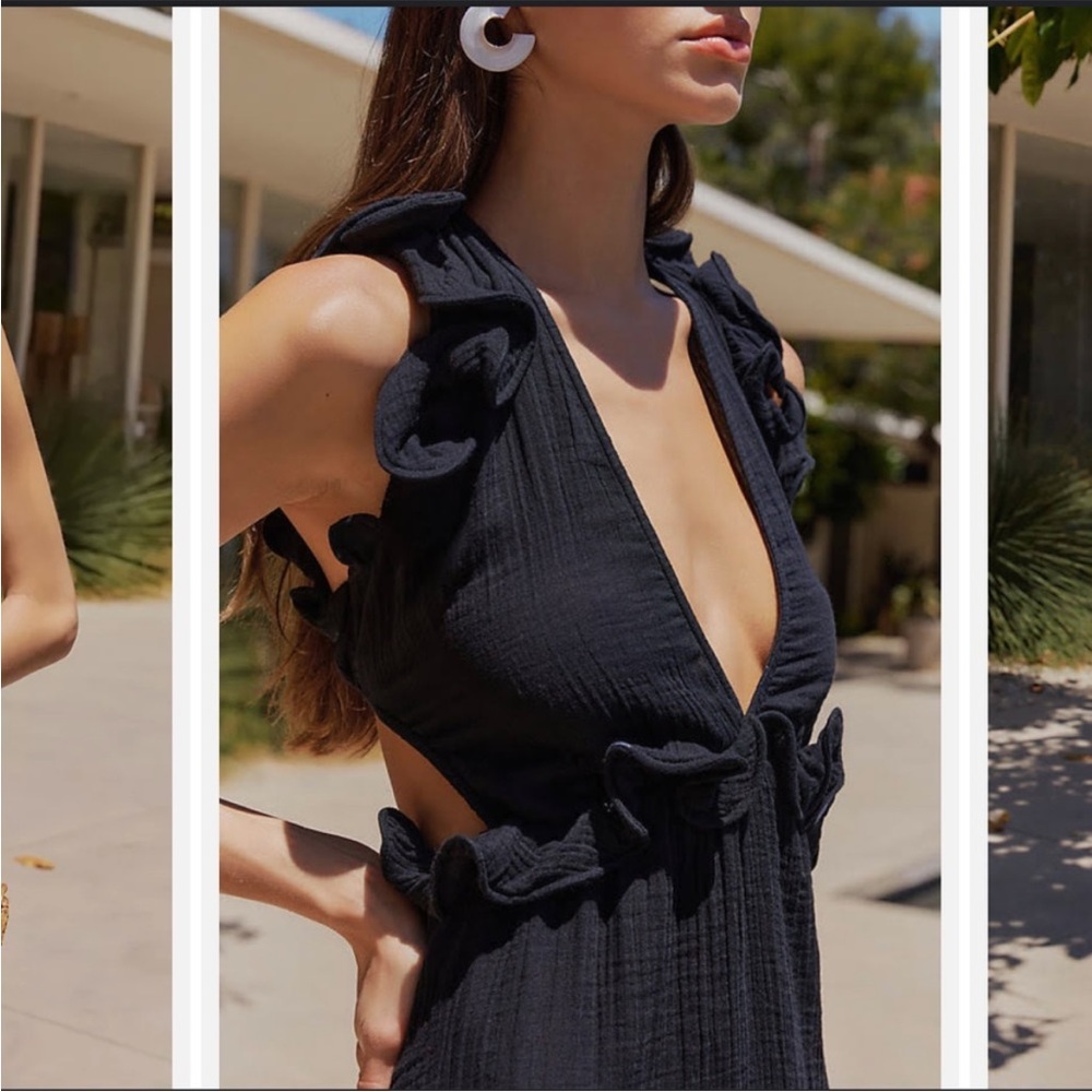 Anthropologie Sleeveless Ruffled Cutout Mini Dress Black - Picture 3 of 8